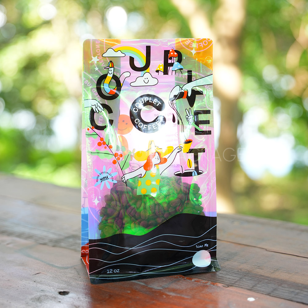 side gusset coffee bag with colorful foil and window