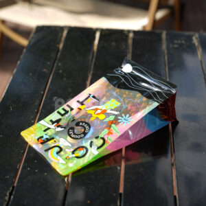 side gusset coffee bag with colorful foil and window