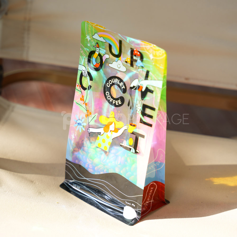 side gusset coffee bag with colorful foil and window