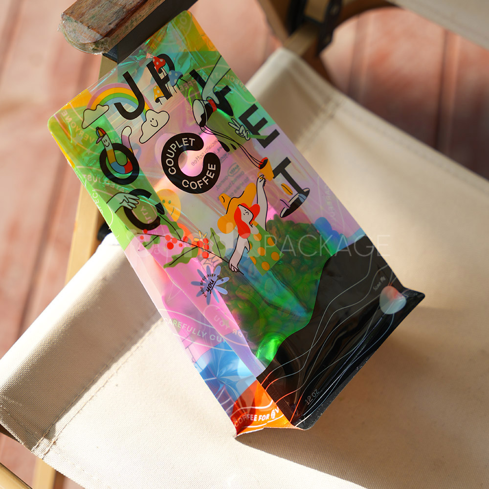 side gusset coffee bag with colorful foil and window