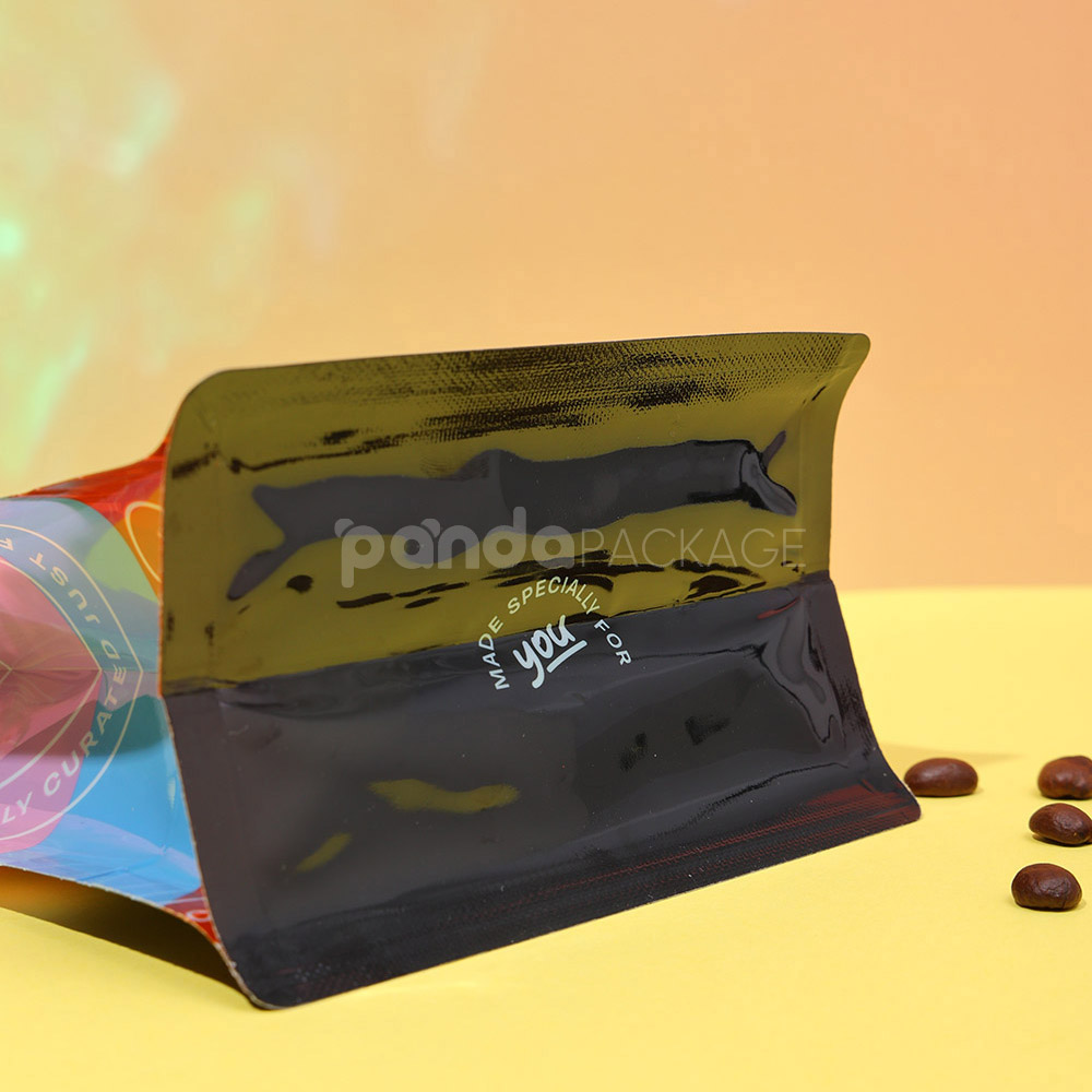 side gusset coffee bag with colorful foil and window