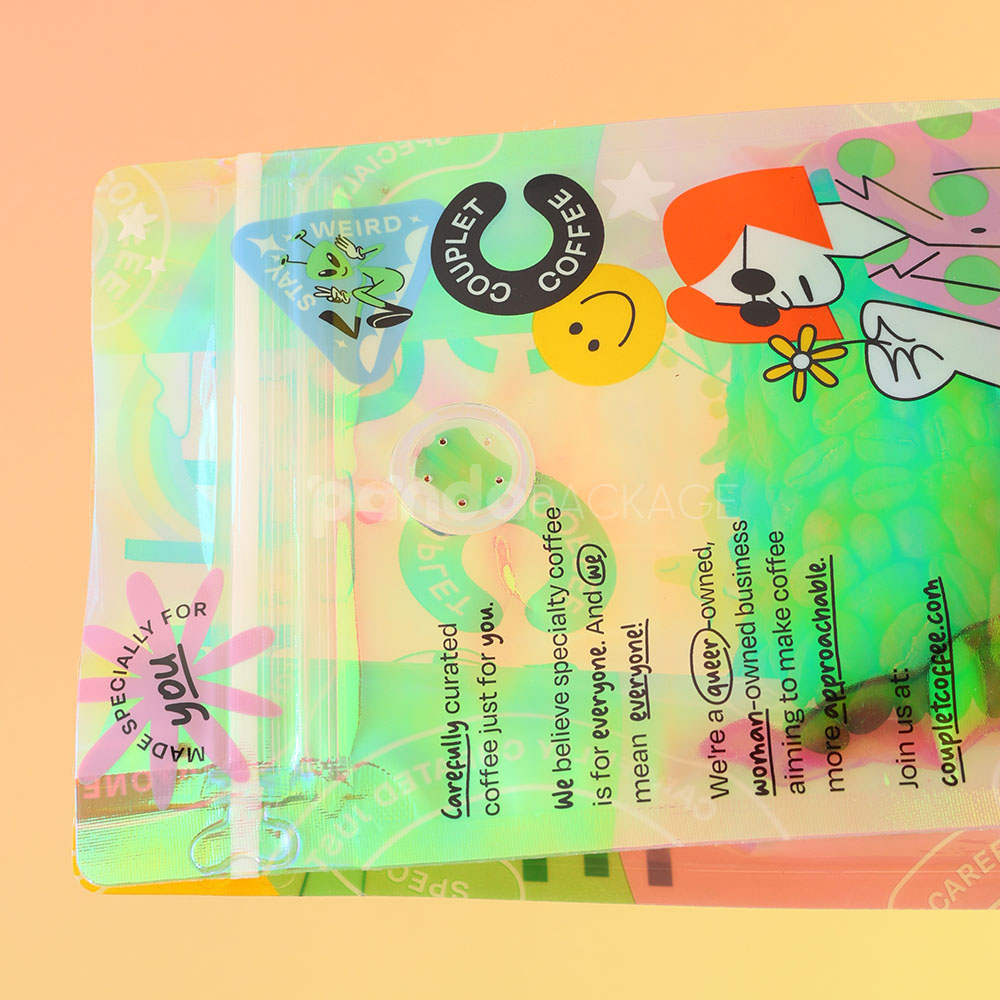 side gusset coffee bag with colorful foil and window