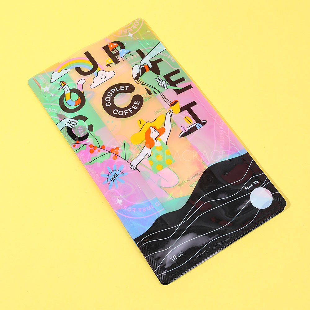 side gusset coffee bag with colorful foil and window