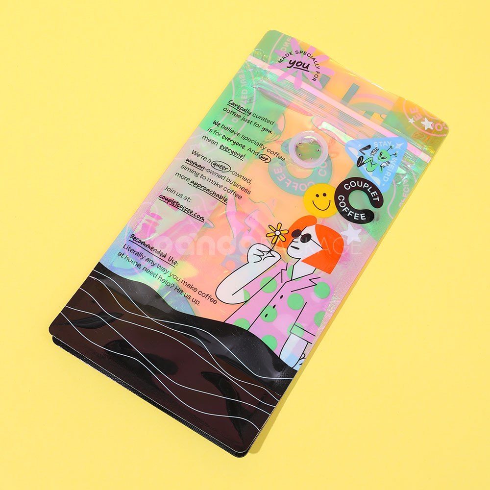 side gusset coffee bag with colorful foil and window