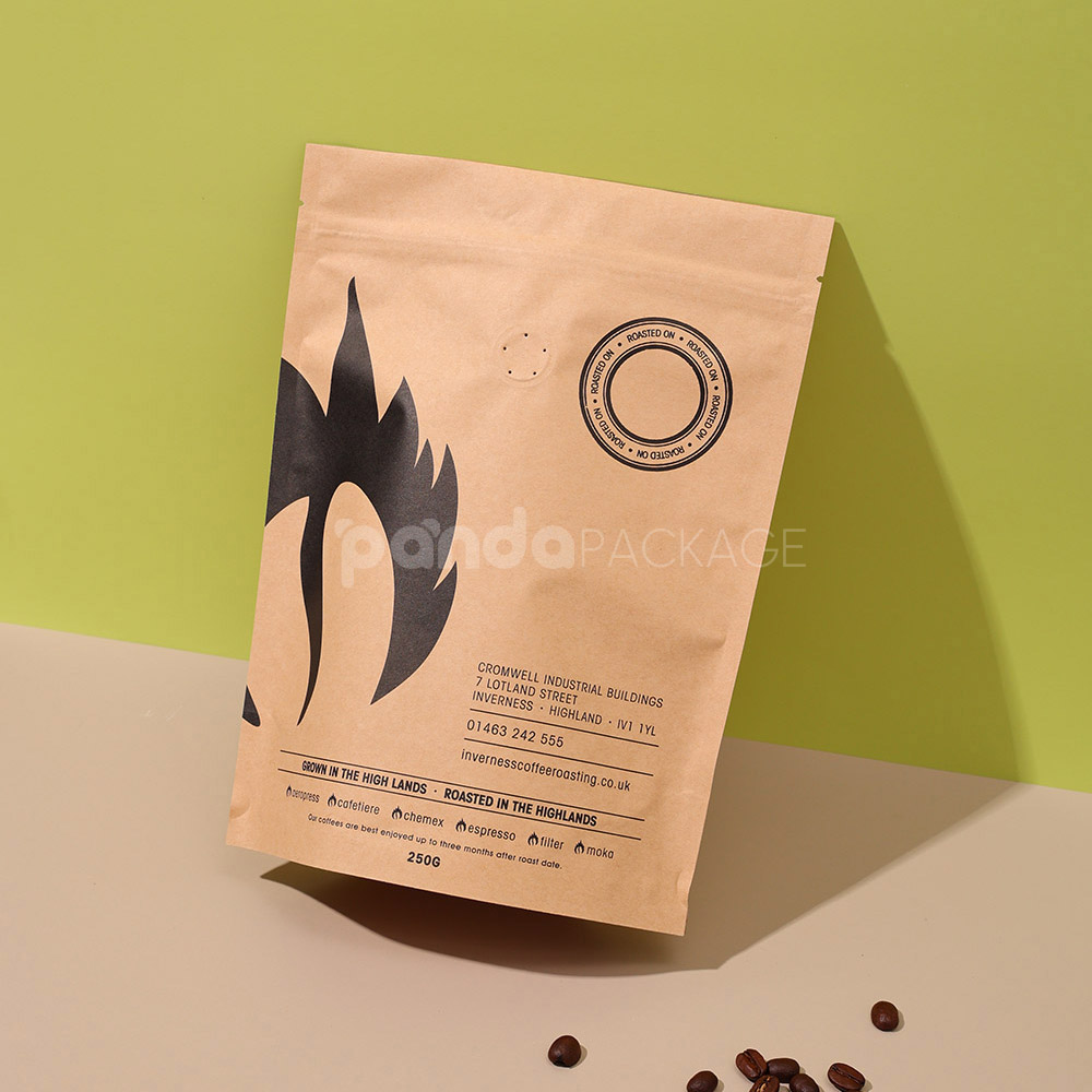 eco-friendly kraft paper stand-up coffee pouch with zipper and valve