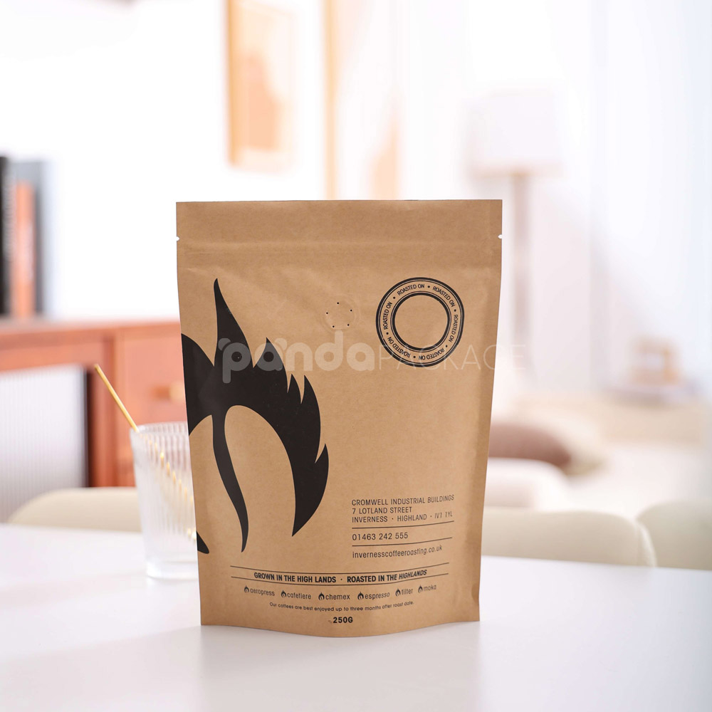 eco-friendly kraft paper stand-up coffee pouch with zipper and valve