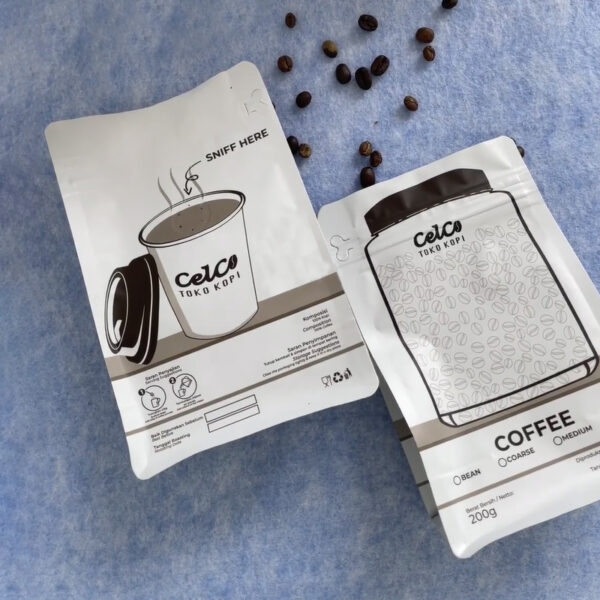 Custom Coffee Pouch with Illustrative Cup and Jar Design