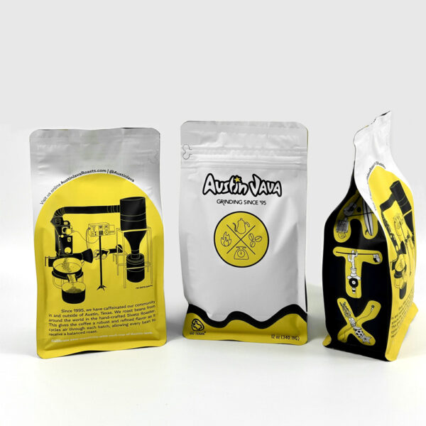 White Coffee Pouch with Bold Yellow Graphic Design