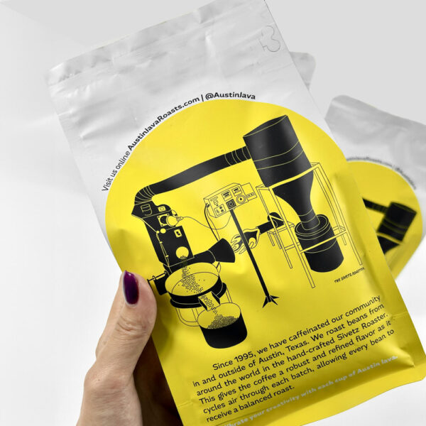 White Coffee Pouch with Bold Yellow Graphic Design