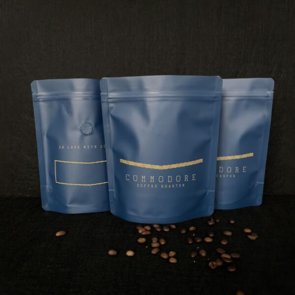Matte Blue Coffee Pouch with Elegant Gold Foil Logo