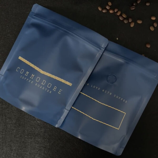 Matte Blue Coffee Pouch with Elegant Gold Foil Logo