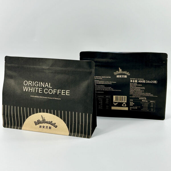 Black Coffee Pouch with Kraft Label and Vertical Stripes