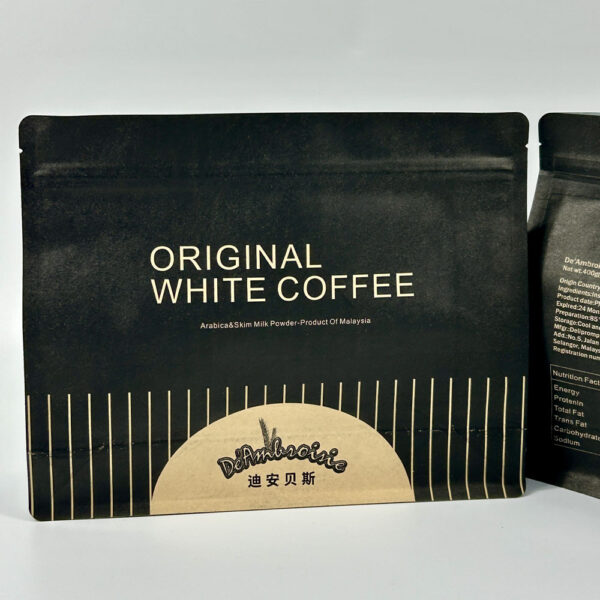 Black Coffee Pouch with Kraft Label and Vertical Stripes