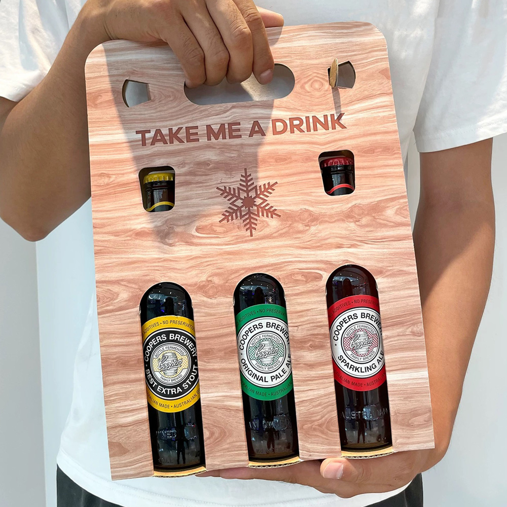 wood grain paperboard beer and liquor carrier packaging box
