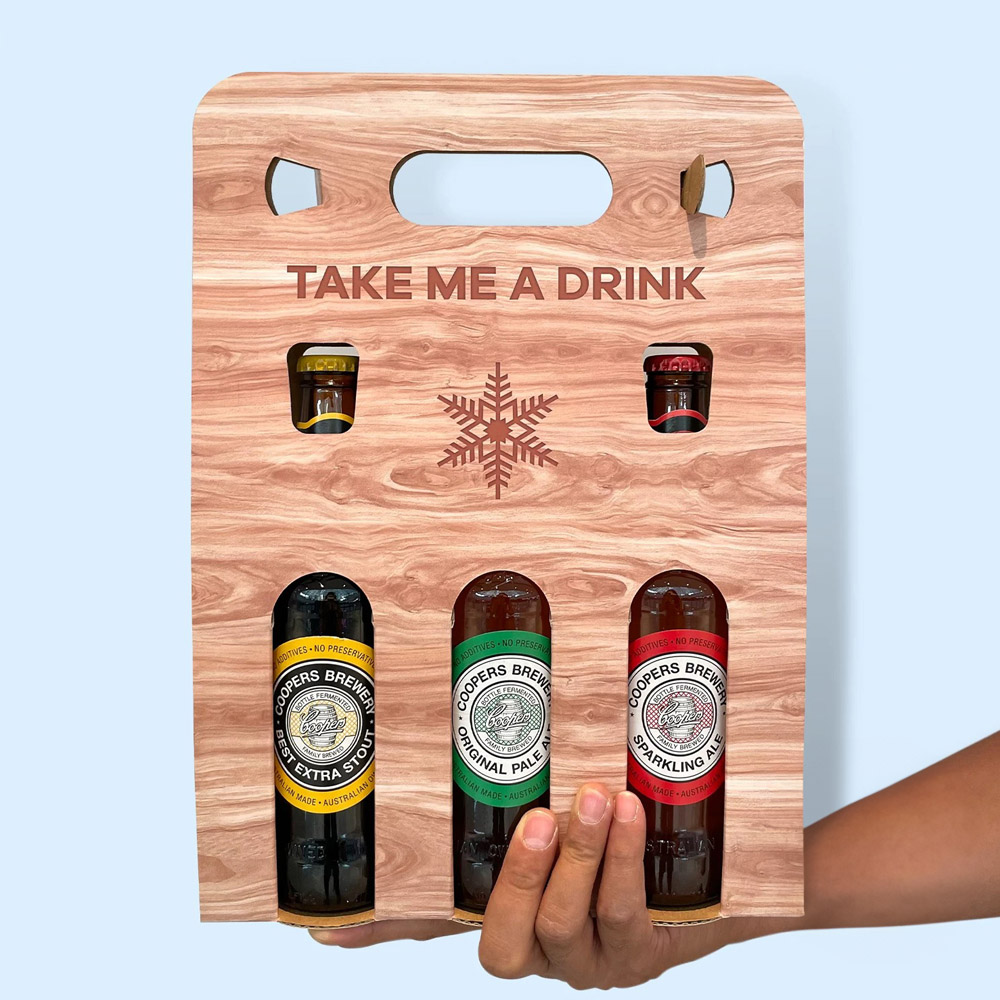 wood grain paperboard beer and liquor carrier packaging box