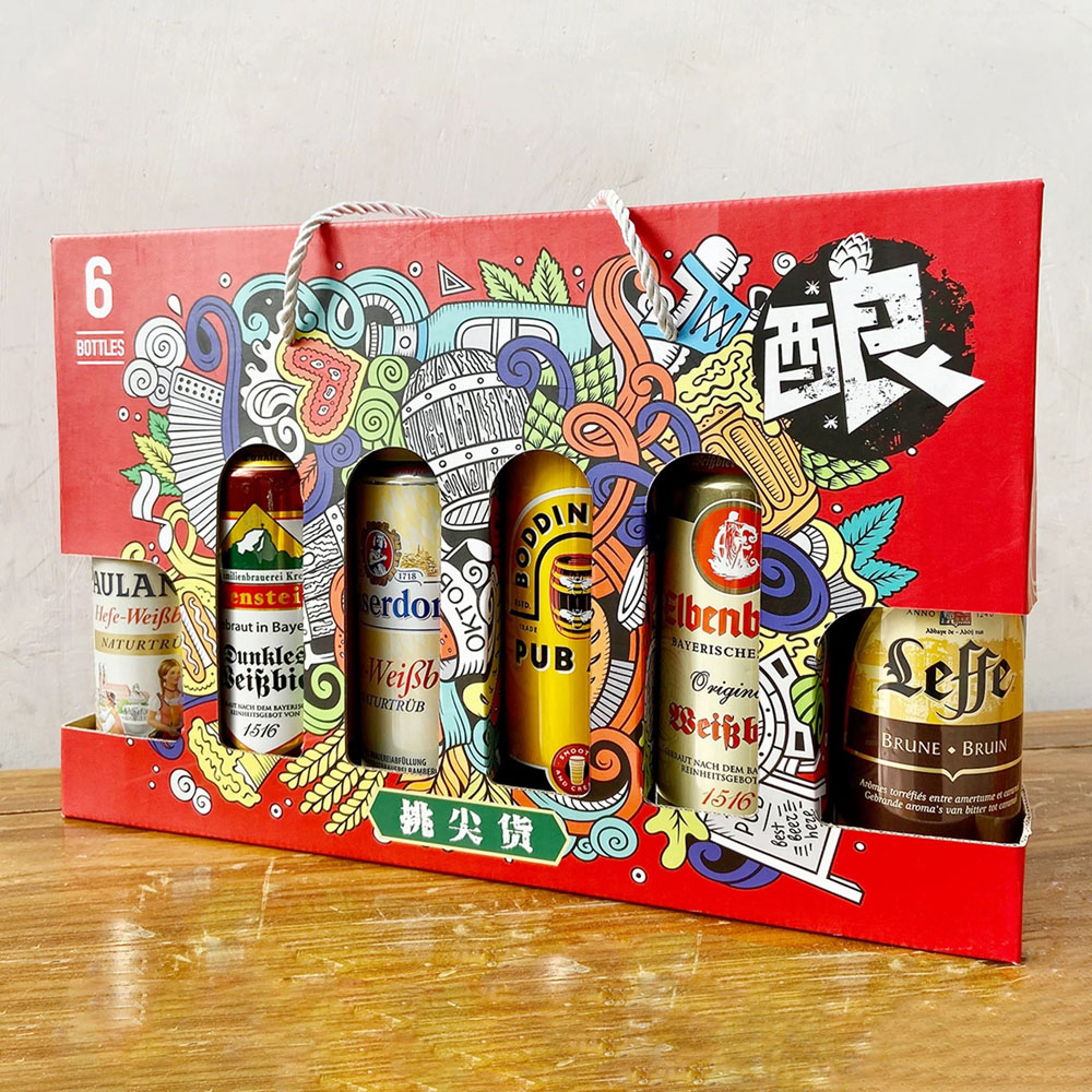colorful six-bottle paperboard beer and liquor carrier bo