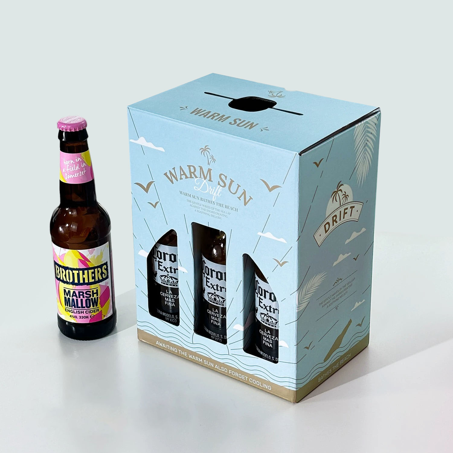 light blue six-bottle paperboard beer and liquor carrier box