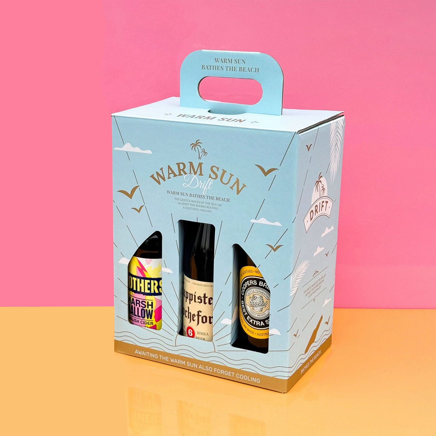 light blue six-bottle paperboard beer and liquor carrier box