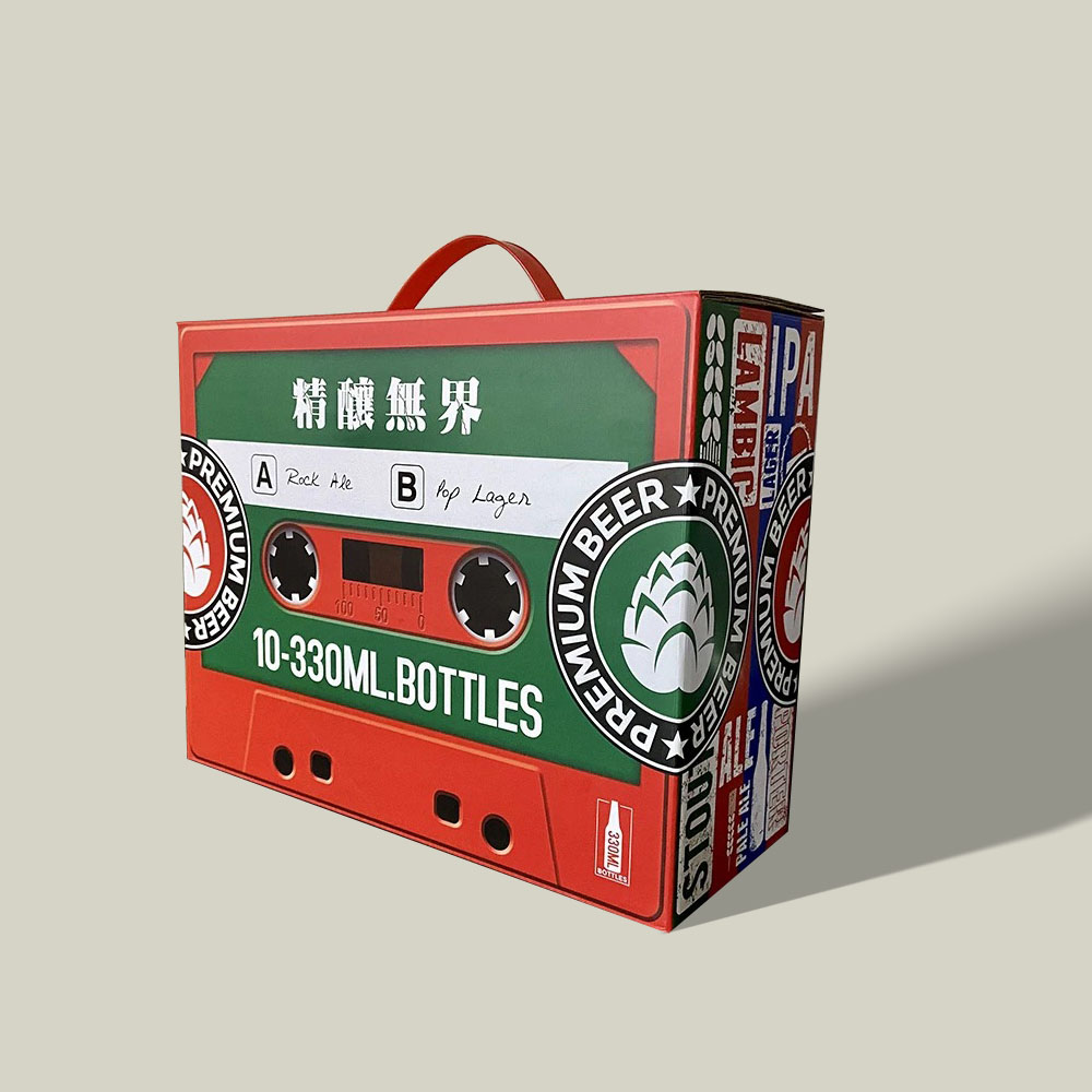 retro cassette style paperboard beer and liquor carrier box