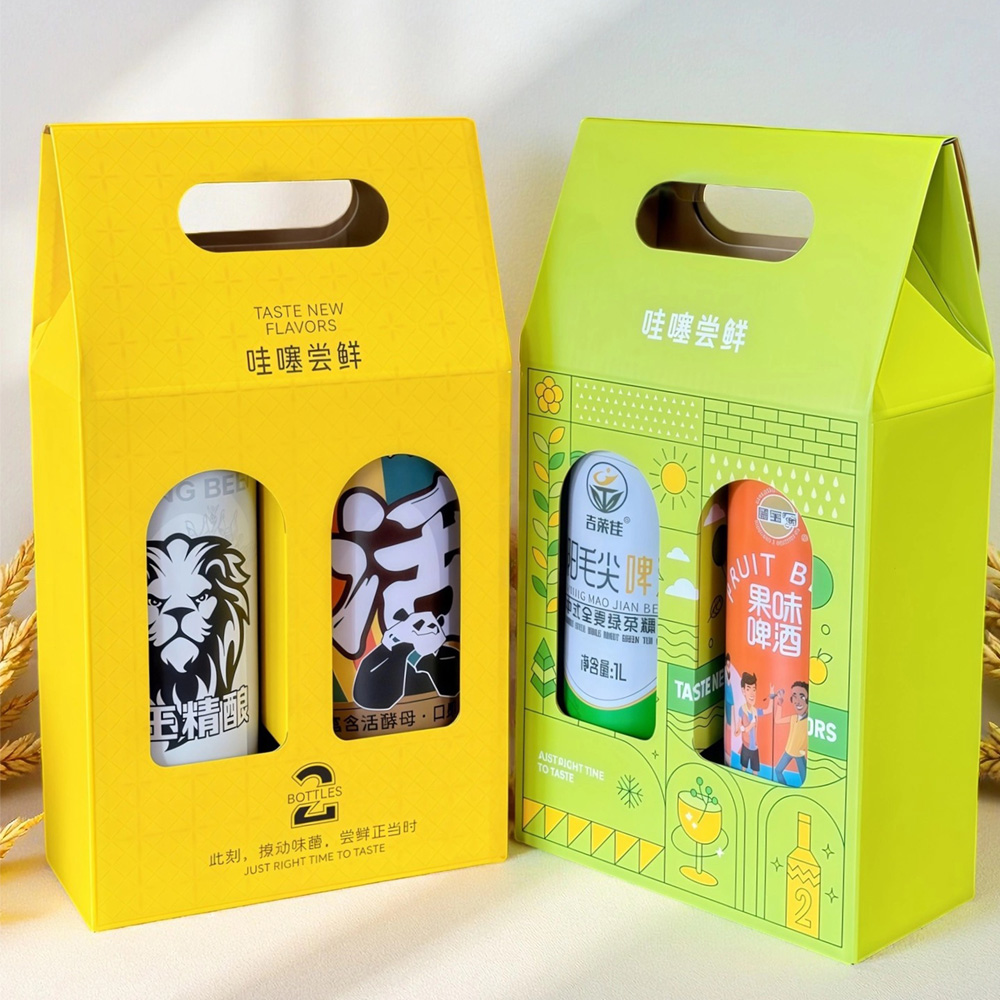 two-bottle paperboard beer and liquor carrier box with window display