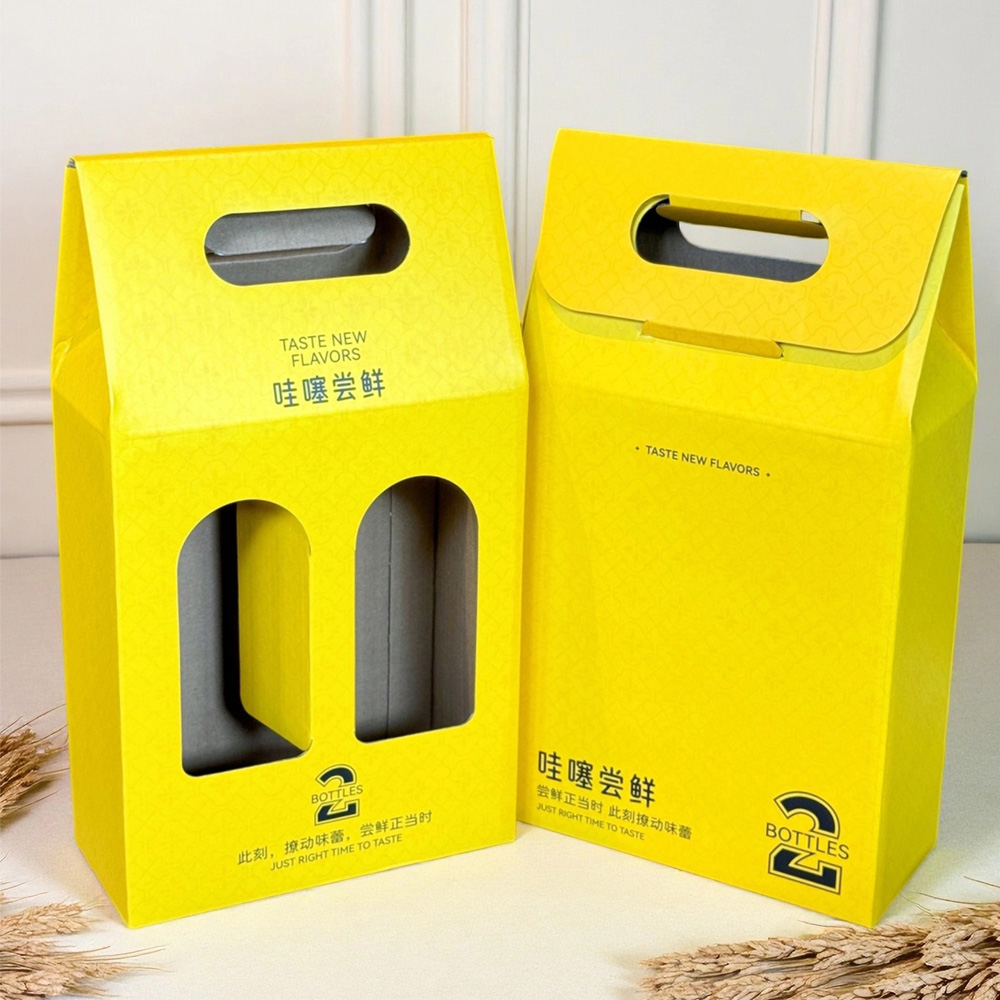 two-bottle paperboard beer and liquor carrier box with window display