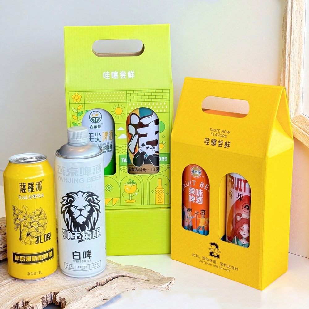 two-bottle paperboard beer and liquor carrier box with window display