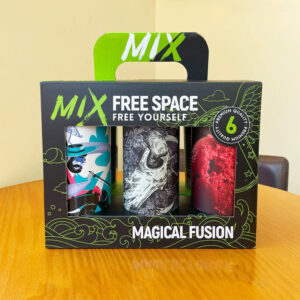 black and green six-bottle paperboard beer and liquor carrier