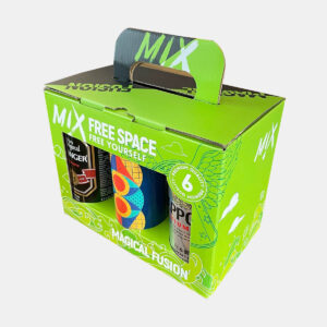 black and green six-bottle paperboard beer and liquor carrier