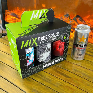 black and green six-bottle paperboard beer and liquor carrier