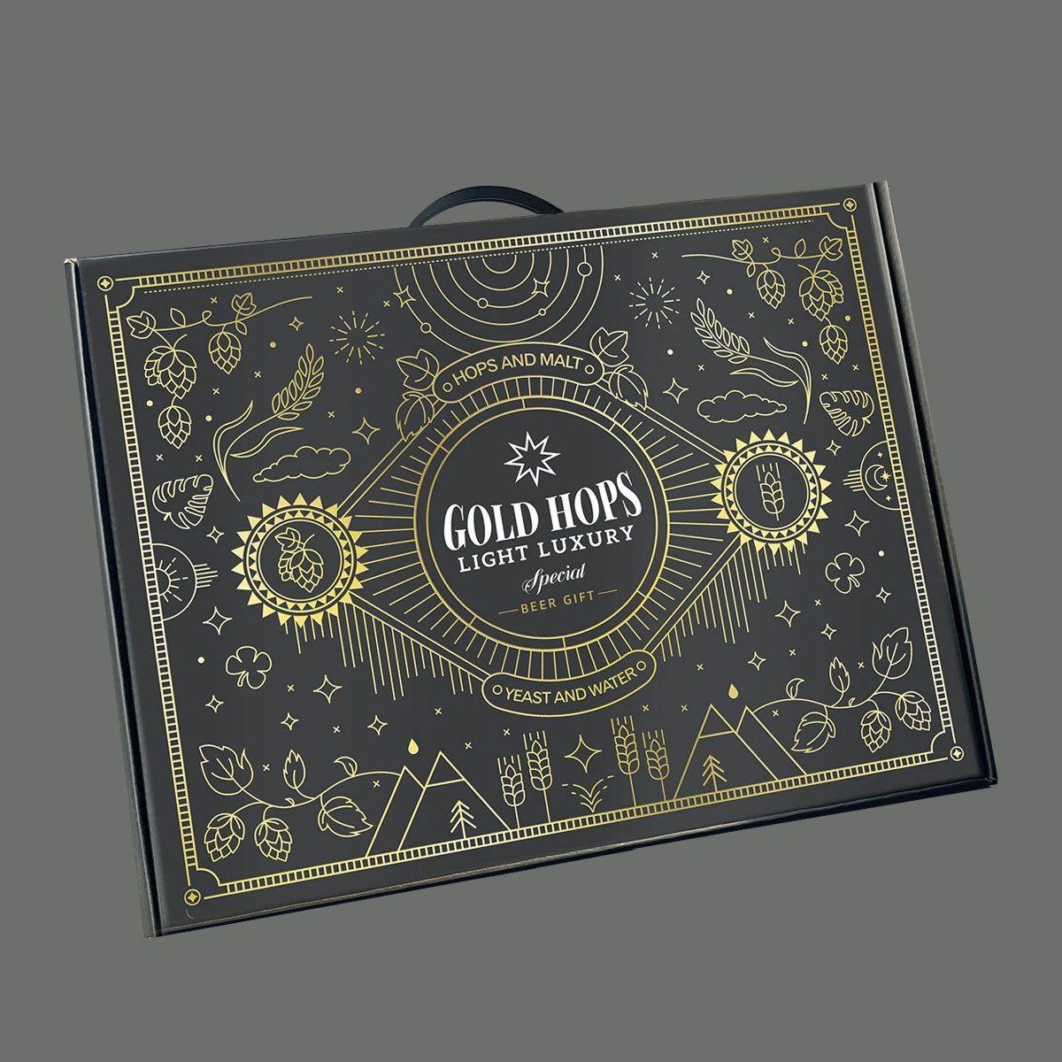 luxury black paperboard beer gift box with gold foil stamping