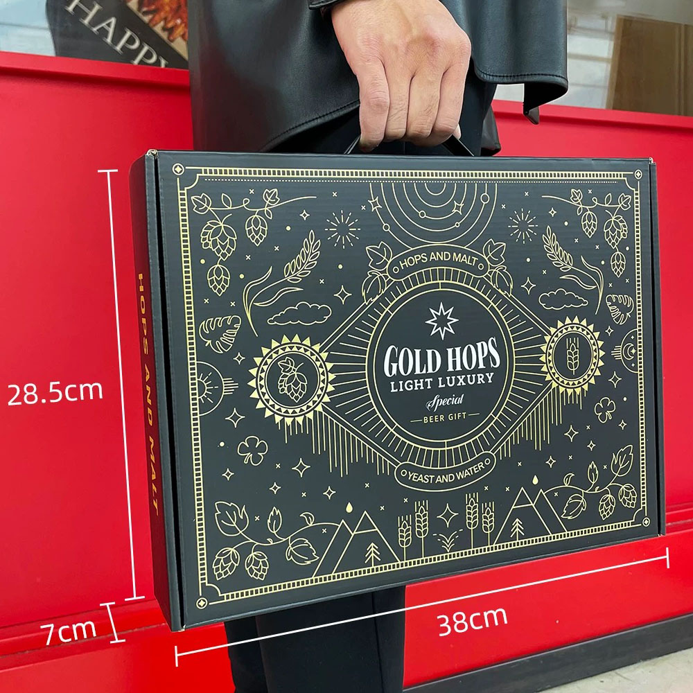 luxury black paperboard beer gift box with gold foil stamping