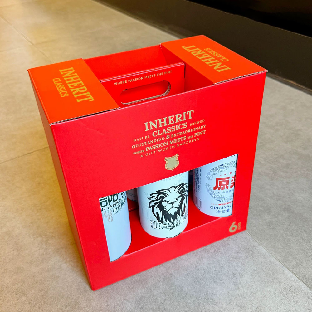 eco-friendly red paperboard beer gift carrier box with window display for six cans