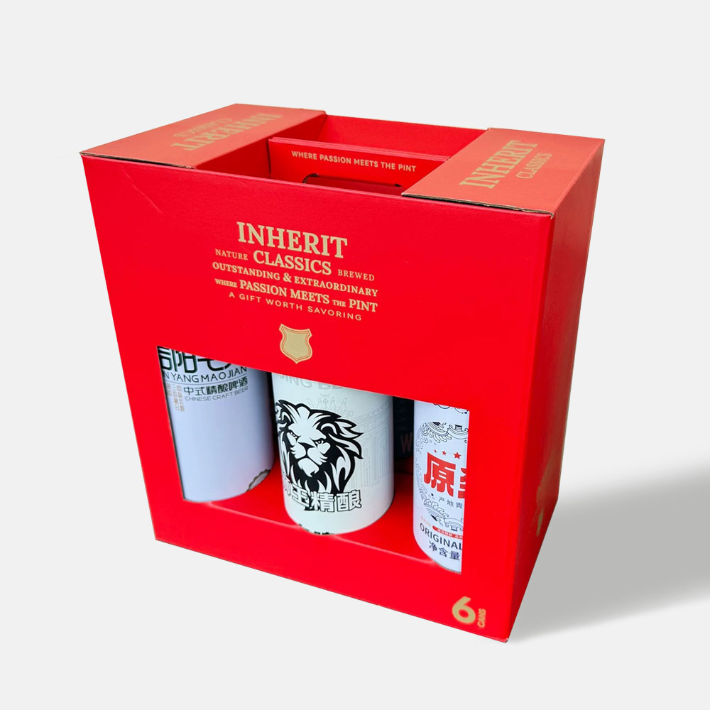 eco-friendly red paperboard beer gift carrier box with window display for six cans