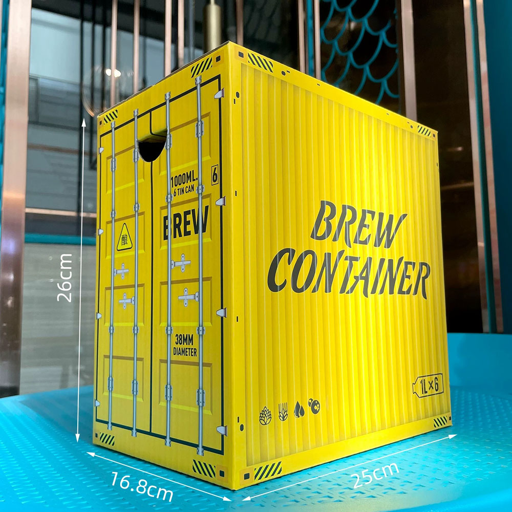 yellow paperboard beer gift carrier box with rope handle for six 1L cans