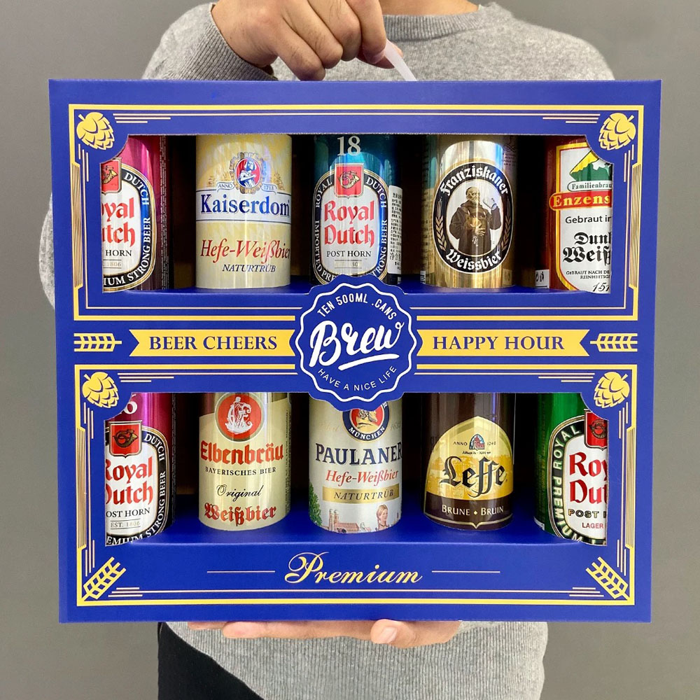 paperboard beer gift box with window and handle