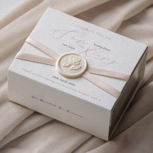 elegant white paperboard gift box with ribbon for wedding candy packaging