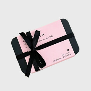pink rectangular tin gift box with black ribbon for candy packaging