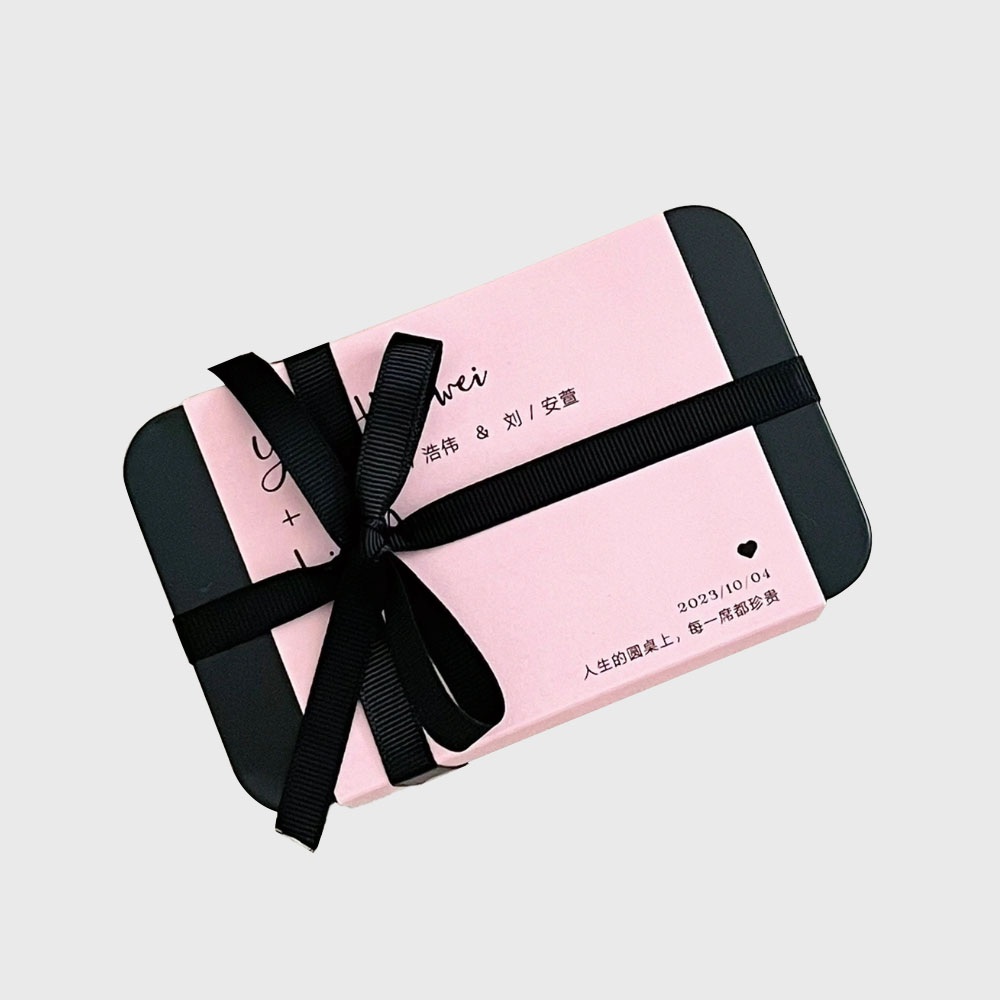 pink rectangular tin gift box with black ribbon for candy packaging