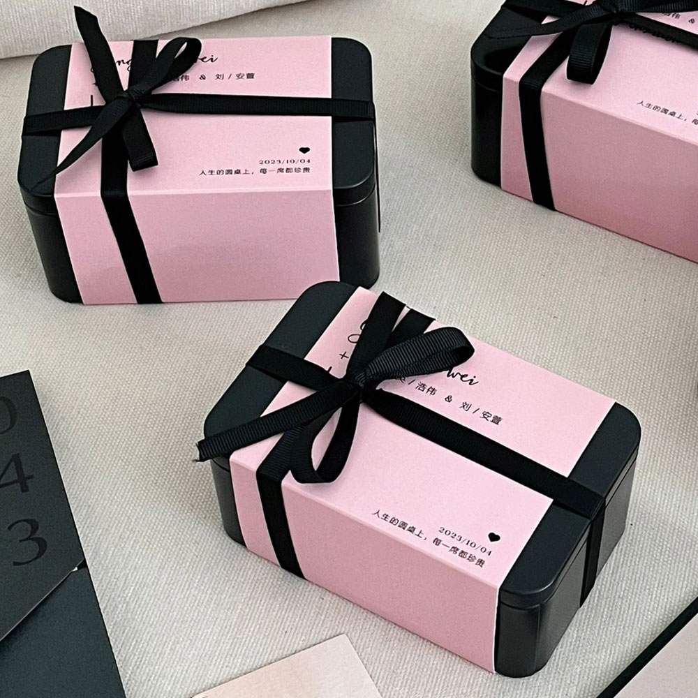 pink rectangular tin gift box with black ribbon for candy packaging