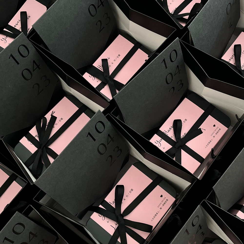 pink rectangular tin gift box with black ribbon for candy packaging