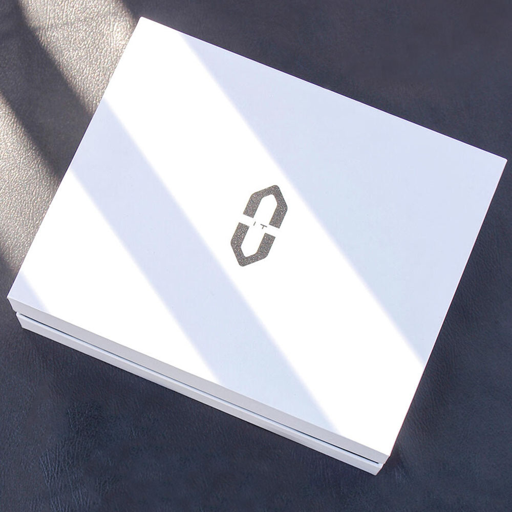 white rigid box with silver foil logo for premium electronic packaging
