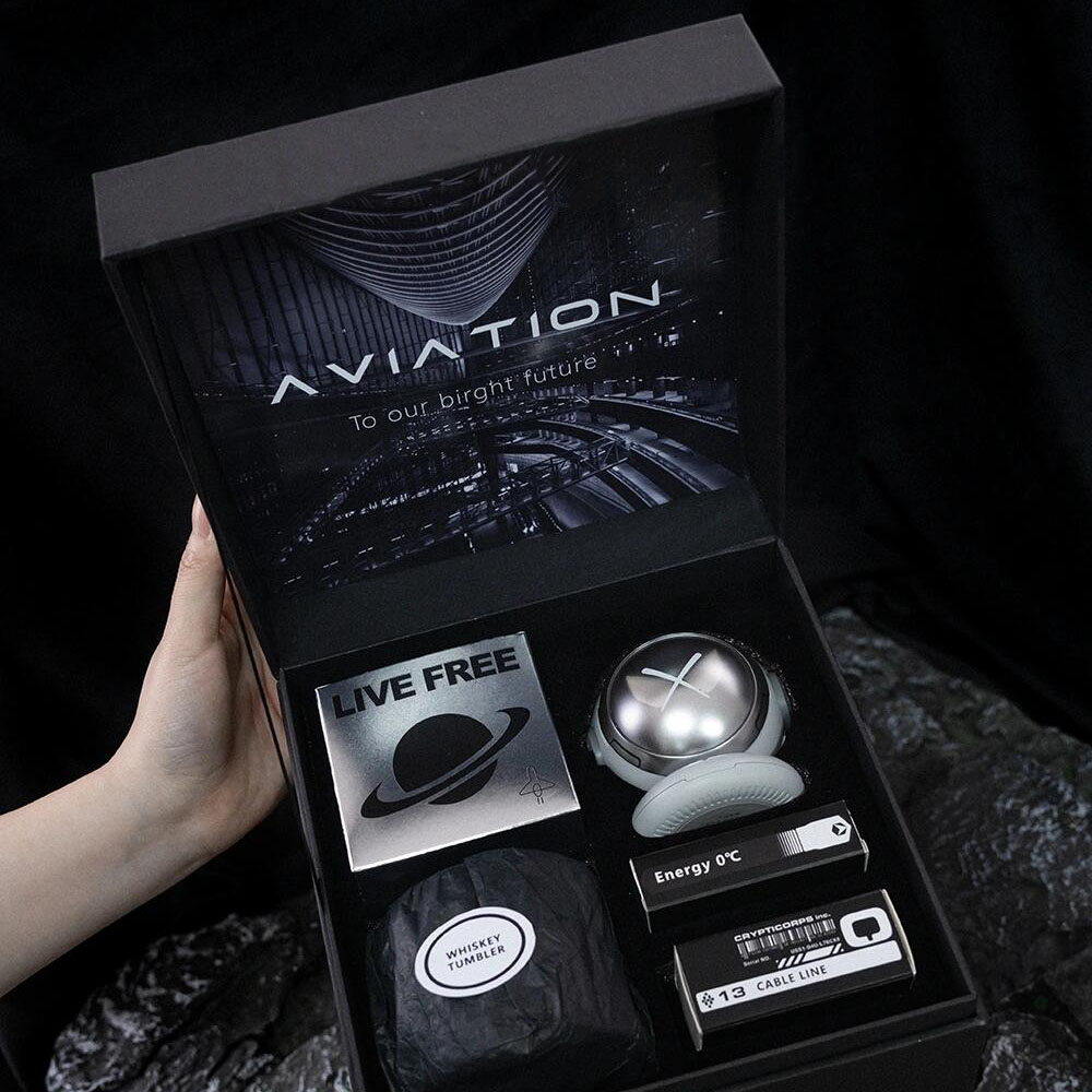 black hinged rigid box with ribbon for premium electronic gift packaging