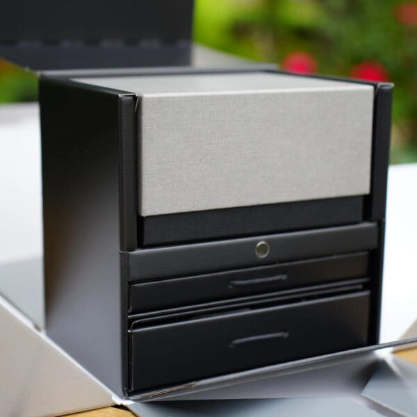 Black and Silver Rigid Drawer Box with Flip Lid for Electronics