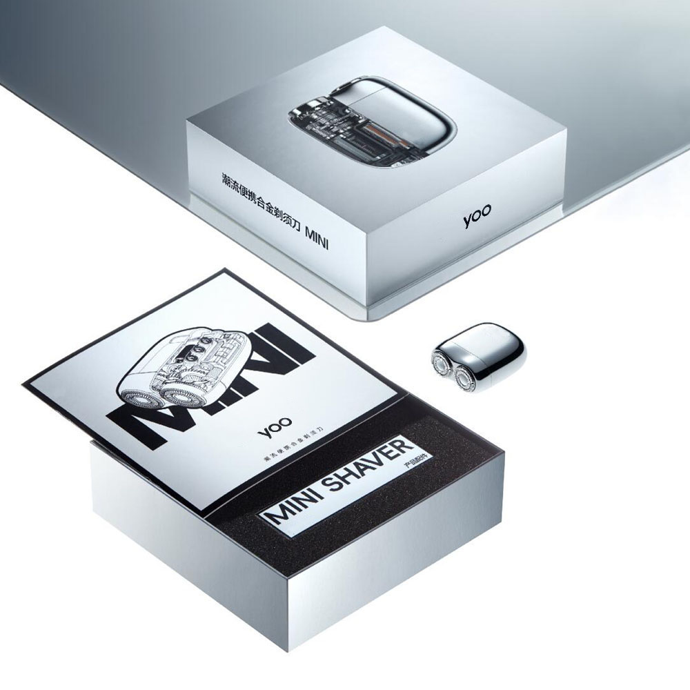 rigid paperboard packaging box with metallic finish for mini shaver