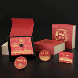 red rigid paperboard gift box with gold foil for festive food packaging