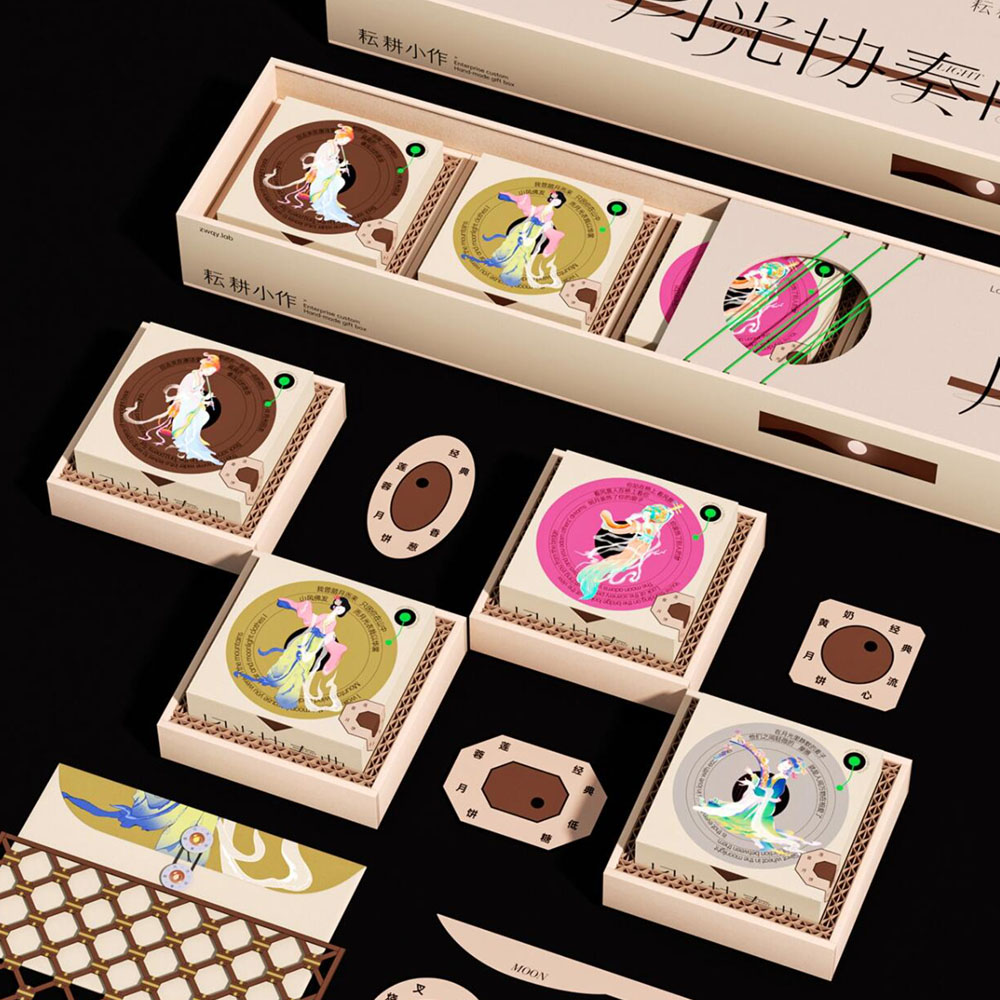 luxury lid and base mooncake gift box with traditional Chinese artwork