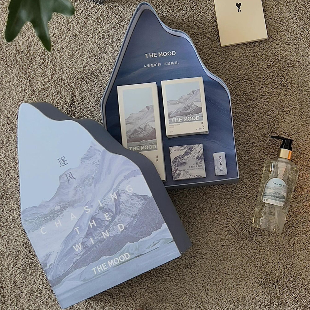 luxury mountain-shaped rigid gift box with landscape design for skincare and festival gifts