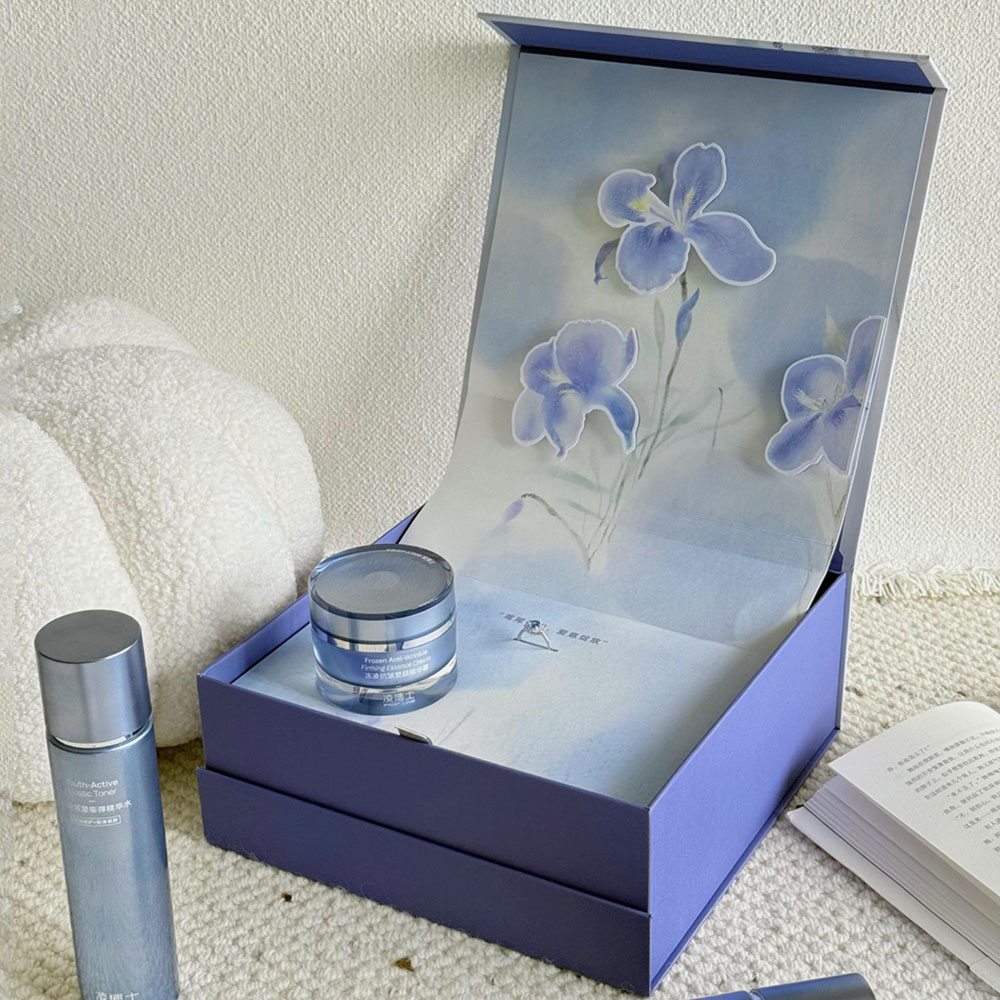 luxury magnetic rigid gift box with 3D floral decoration for skincare packaging
