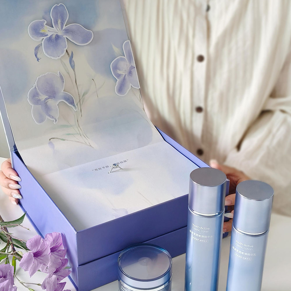 luxury magnetic rigid gift box with 3D floral decoration for skincare packaging