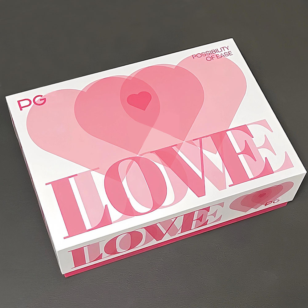 pink rigid love themed gift box with lid and base packaging for cosmetics